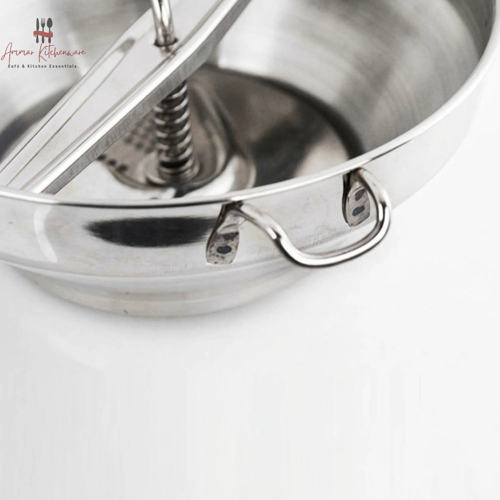 Stainless steel food mill with rotary hand crank and three interchangeable perforated milling discs
