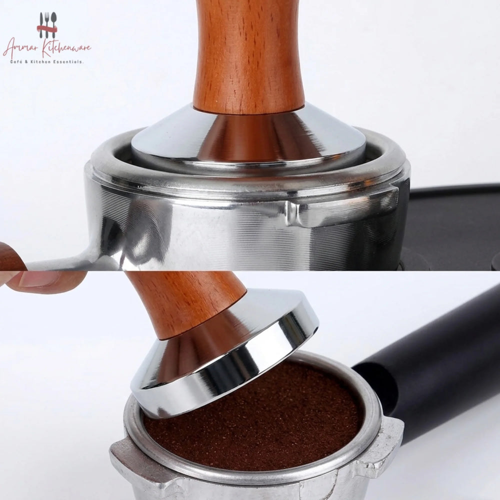 Premium wooden handle espresso coffee tamper with flat stainless steel base