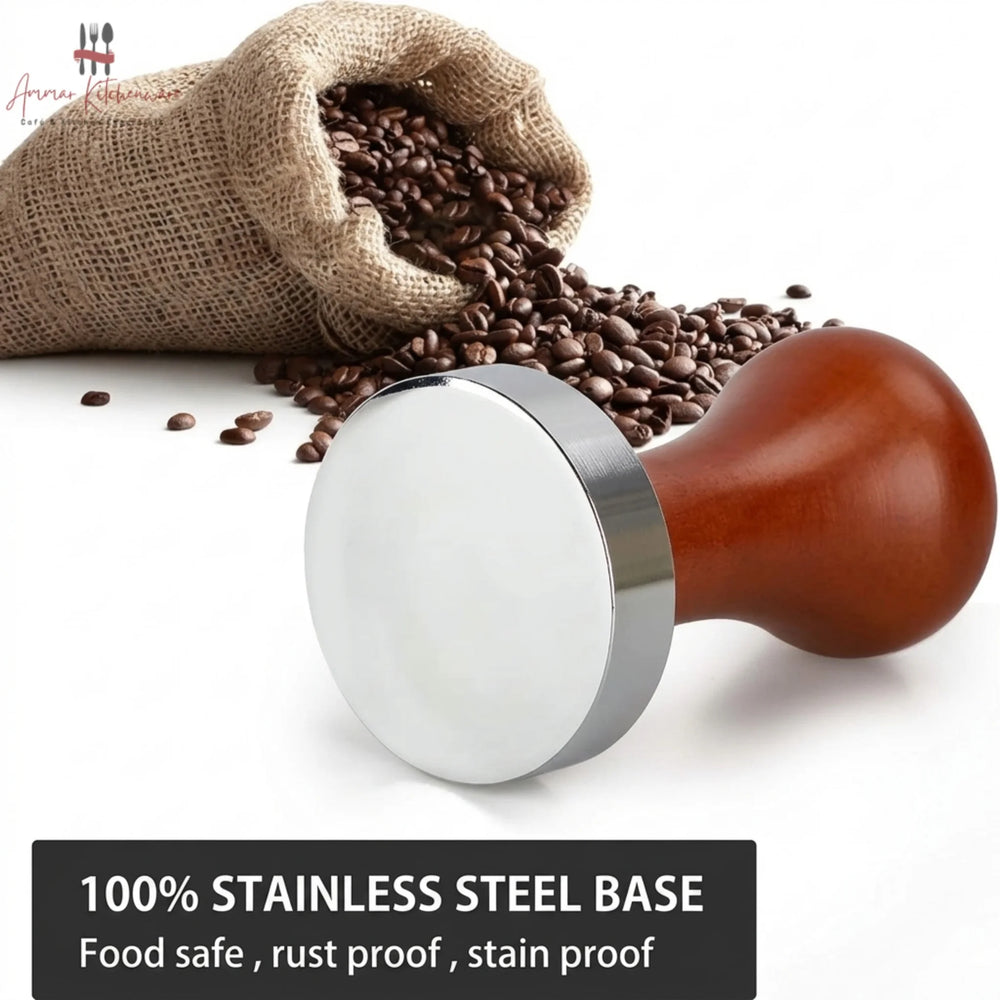 Premium wooden handle espresso coffee tamper with flat stainless steel base