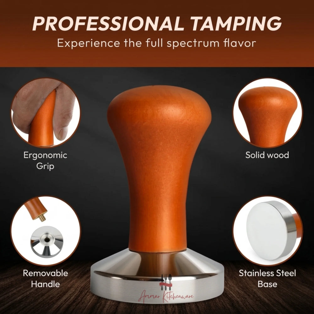 Premium wooden handle espresso coffee tamper with flat stainless steel base