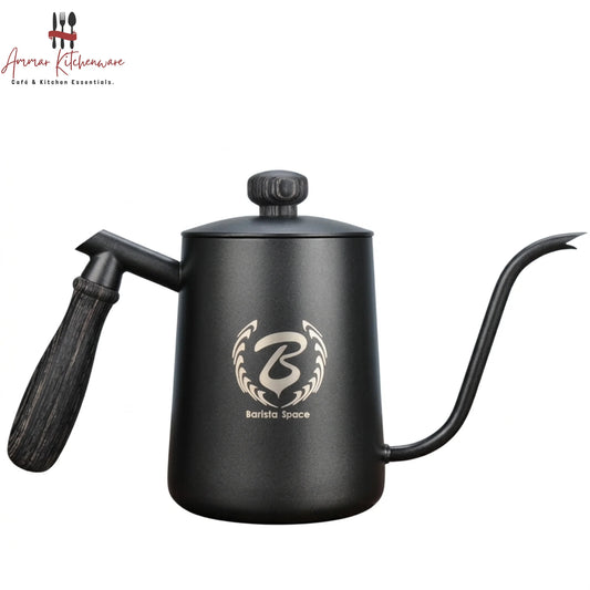 Barista Space 600ml matte black stainless steel gooseneck coffee kettle with wooden-grain handle for pour-over brewing
