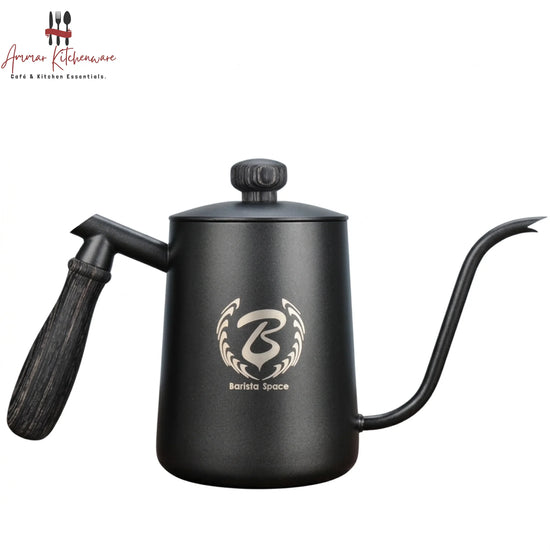 Barista Space 600ml matte black stainless steel gooseneck coffee kettle with wooden-grain handle for pour-over brewing