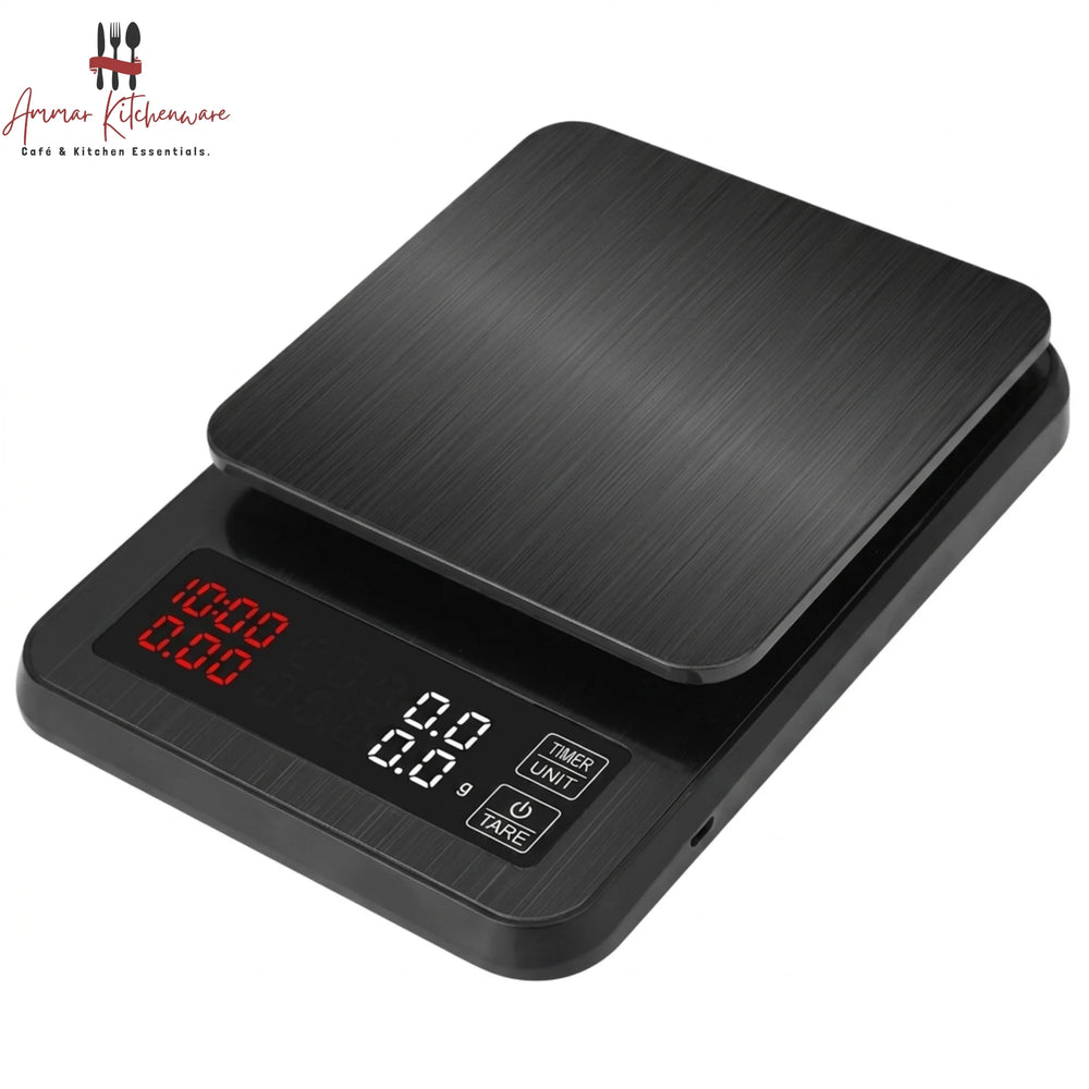 Barista Space rechargeable digital coffee scale with timer and dual LED display for espresso and pour-over brewing