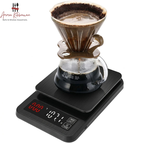 Barista Space rechargeable digital coffee scale with timer and dual LED display for espresso and pour-over brewing