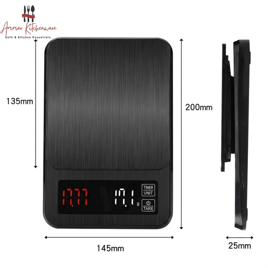 Barista Space rechargeable digital coffee scale with timer and dual LED display for espresso and pour-over brewing