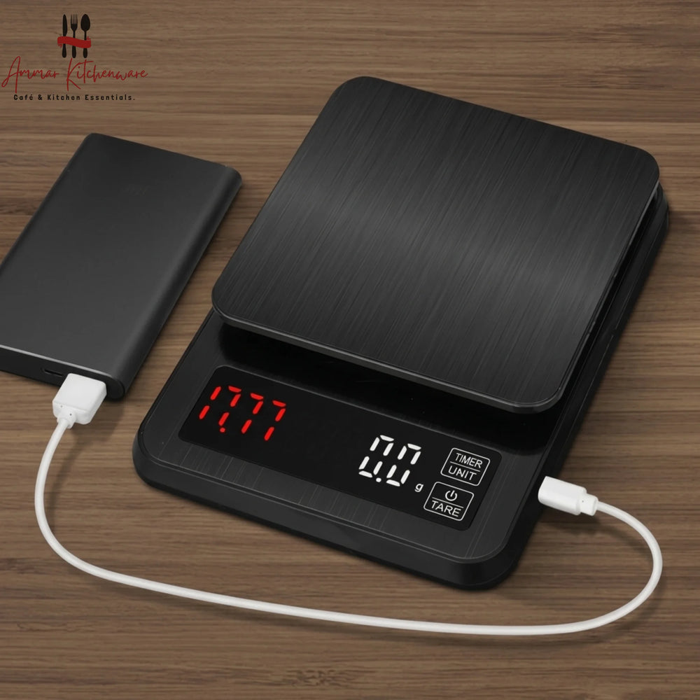 Barista Space rechargeable digital coffee scale with timer and dual LED display for espresso and pour-over brewing