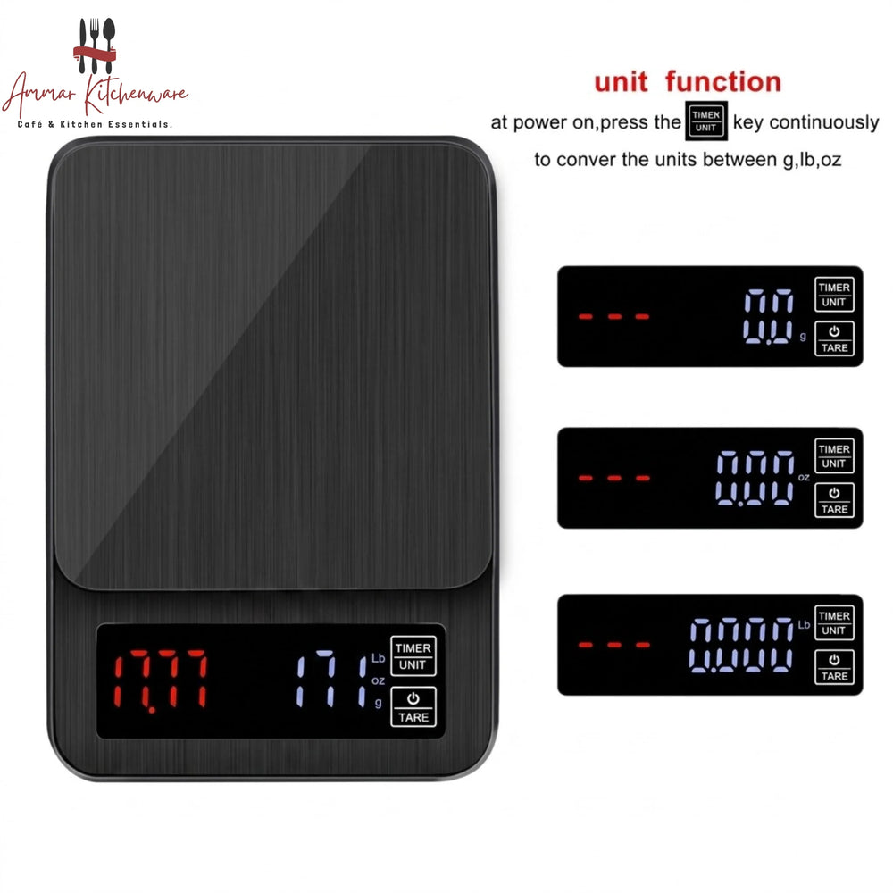 Barista Space rechargeable digital coffee scale with timer and dual LED display for espresso and pour-over brewing