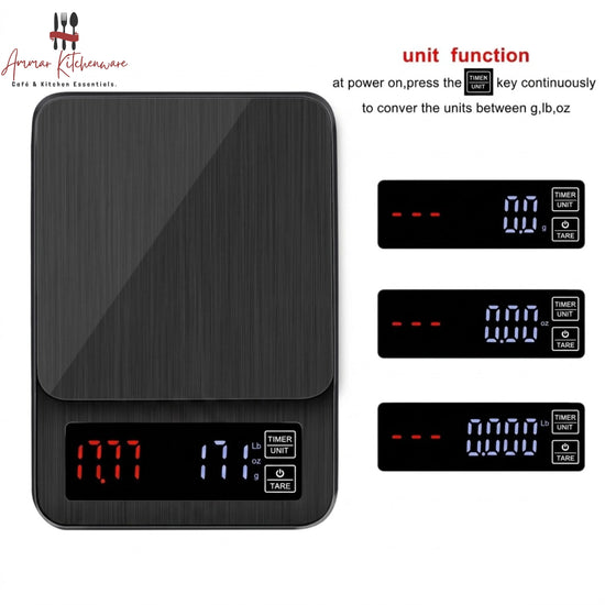 Barista Space rechargeable digital coffee scale with timer and dual LED display for espresso and pour-over brewing