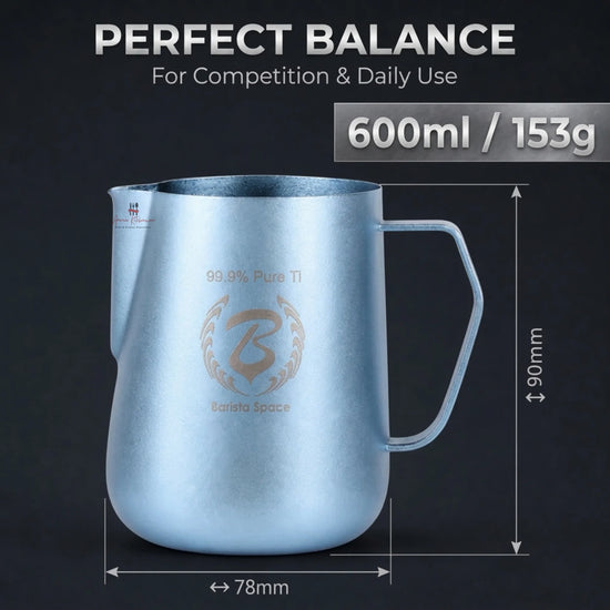 Barista Space 600ml titanium milk frothing pitcher with ultra-light 153g design and precision pouring spout