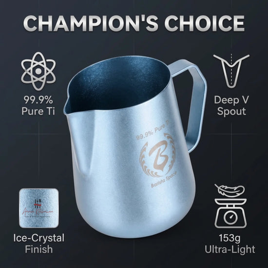 Barista Space 600ml titanium milk frothing pitcher with ultra-light 153g design and precision pouring spout