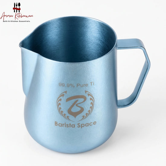 Barista Space 600ml titanium milk frothing pitcher with ultra-light 153g design and precision pouring spout