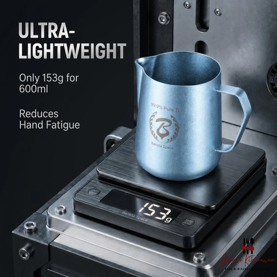 Barista Space 600ml titanium milk frothing pitcher with ultra-light 153g design and precision pouring spout