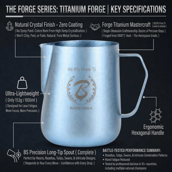 Barista Space 600ml titanium milk frothing pitcher with ultra-light 153g design and precision pouring spout