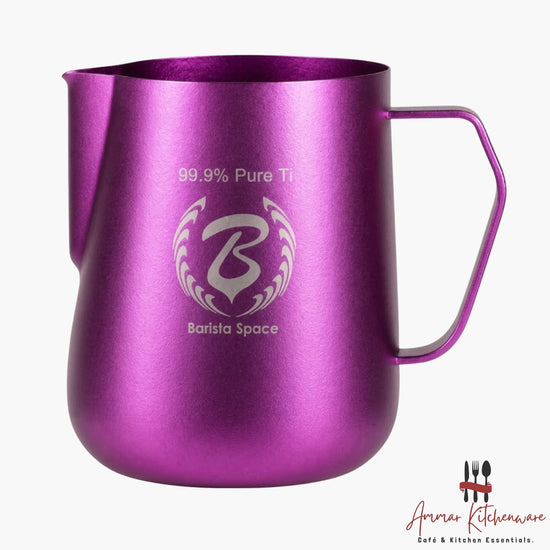 Barista Space 600ml pure titanium milk pitcher in bright pink color.