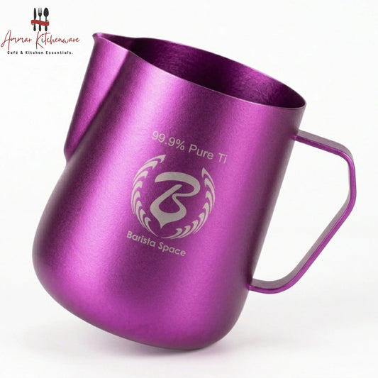 Barista Space 600ml pure titanium milk pitcher in bright pink color.