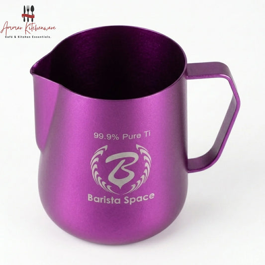 Barista Space 600ml pure titanium milk pitcher in bright pink with precision spout and hexagonal handle