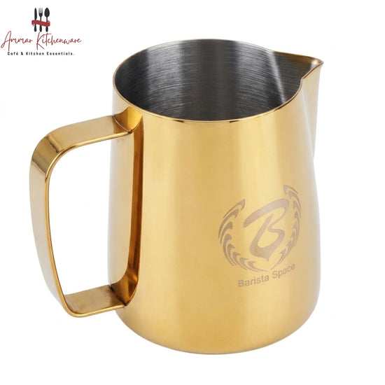 Barista Space 600ml golden stainless steel latte art milk frothing pitcher with precision spout and ergonomic handle