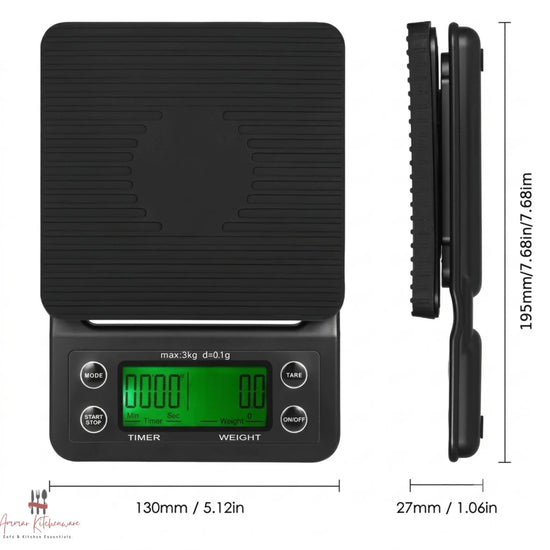 Black digital coffee scale with green dual backlit screen, integrated timer, and removable black silicone mat