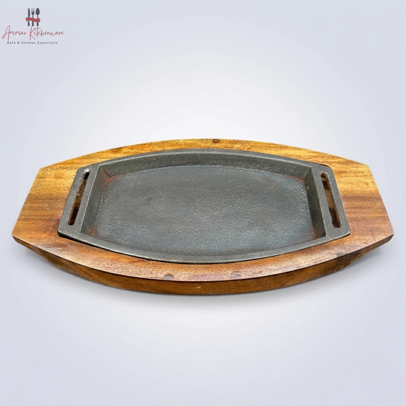 Oval Cast Iron Sizzler Plate with Wooden Board 8.5 "
