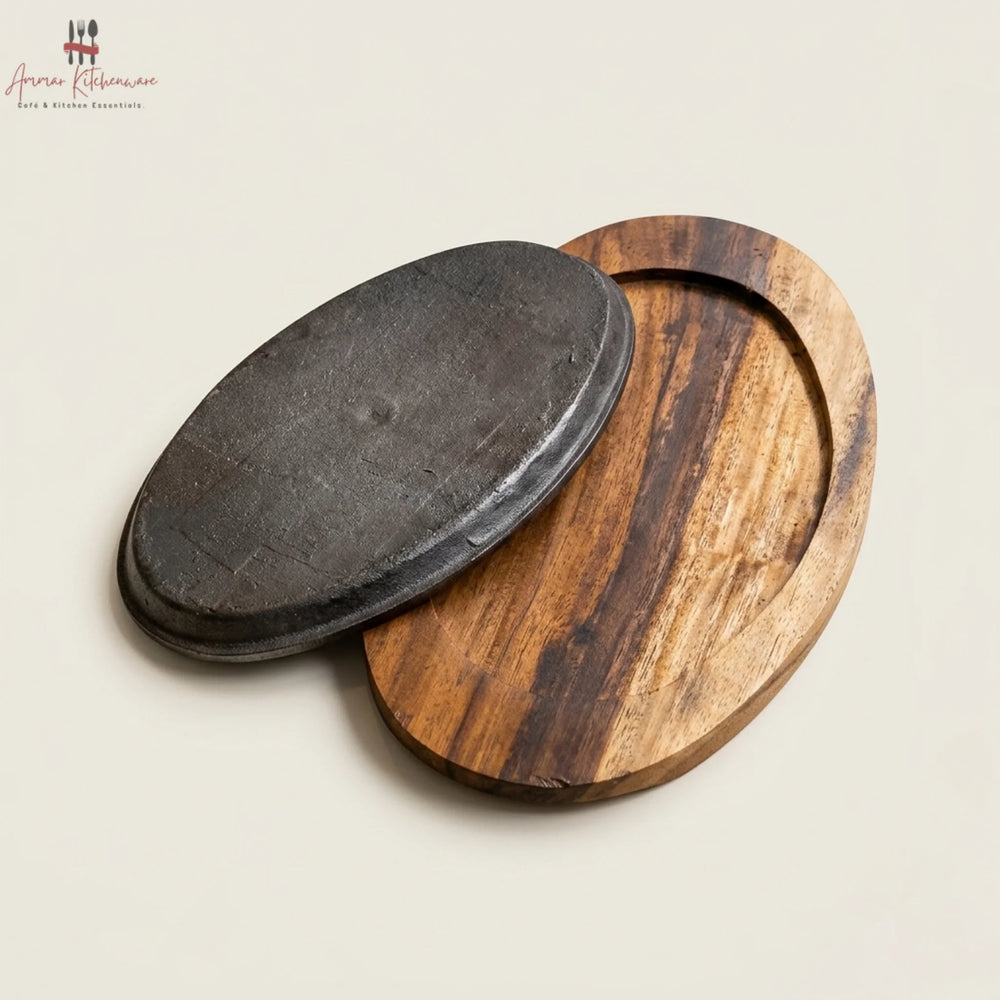 Cast Iron Oval Sizzler Pan with Wooden Base