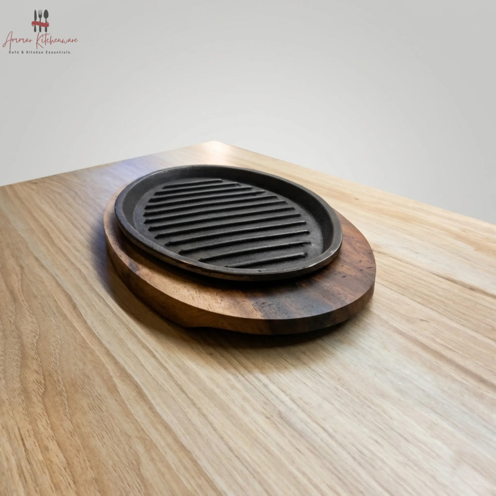 Cast Iron Oval Sizzler Pan with Wooden Base