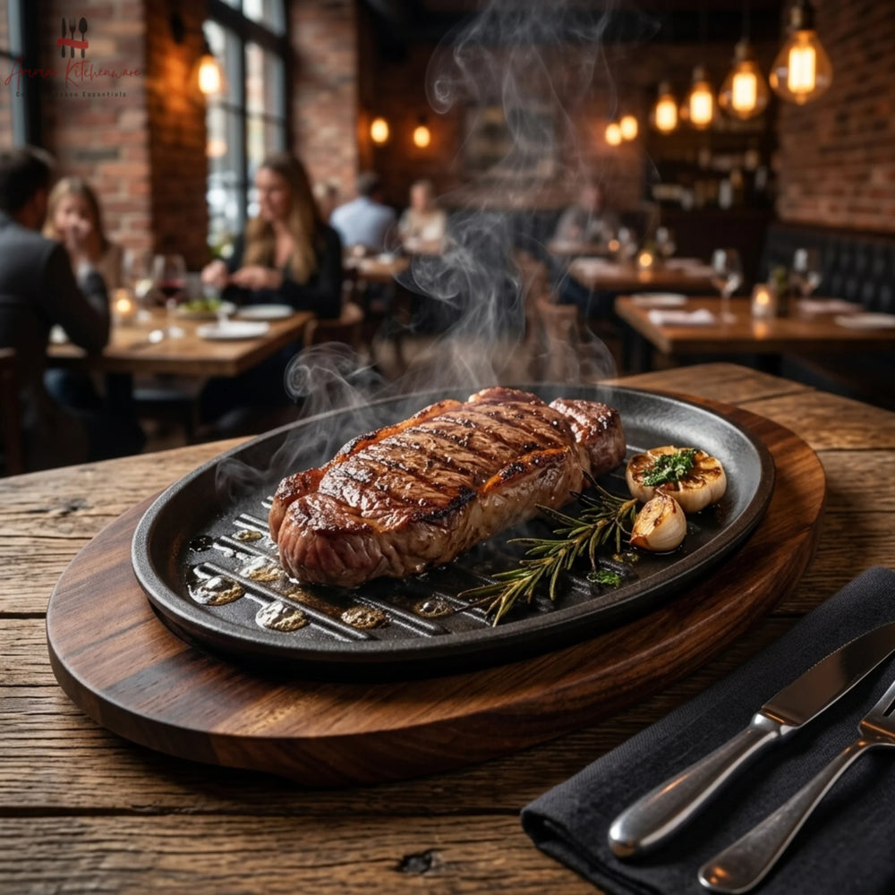 Cast Iron Oval Sizzler Pan with Wooden Base
