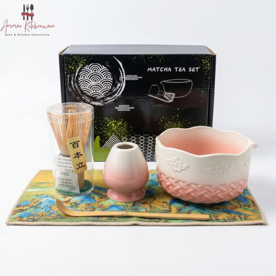 Pink ceramic matcha whisk set