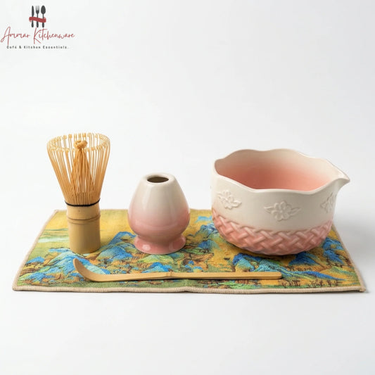Pink ceramic matcha whisk set