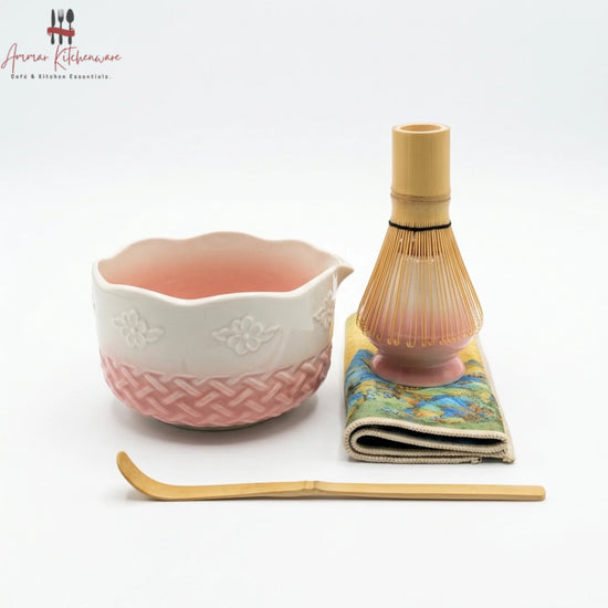 Pink ceramic matcha whisk set