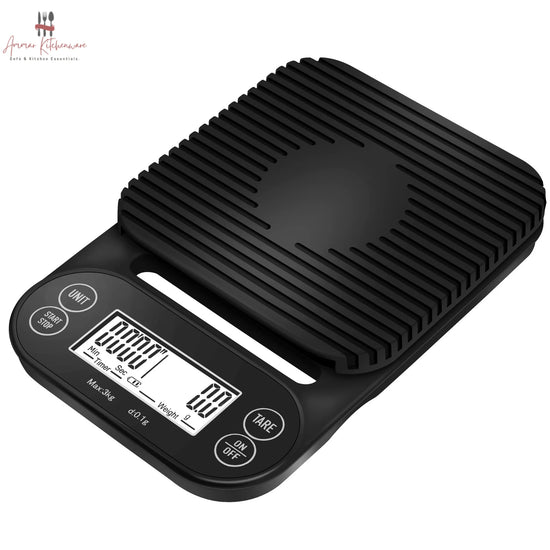 Black espresso digital coffee scale showing dual LCD display with timer and weight readout