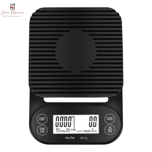 Black espresso digital coffee scale showing dual LCD display with timer and weight readout
