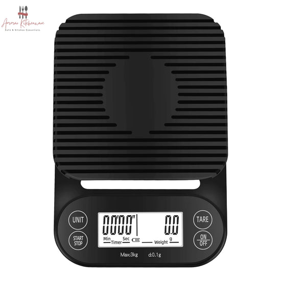 Black espresso digital coffee scale showing dual LCD display with timer and weight readout