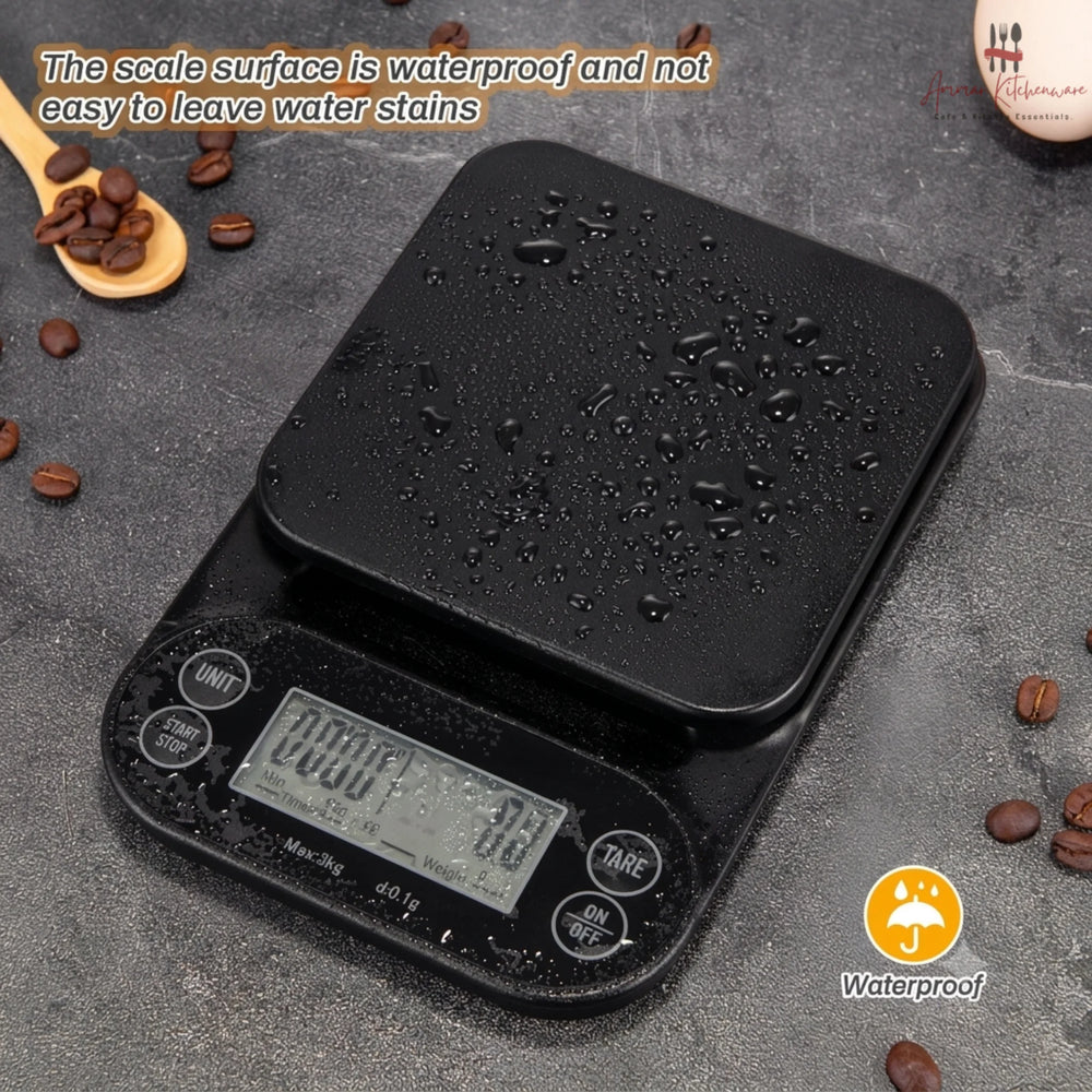 Black espresso digital coffee scale showing dual LCD display with timer and weight readout