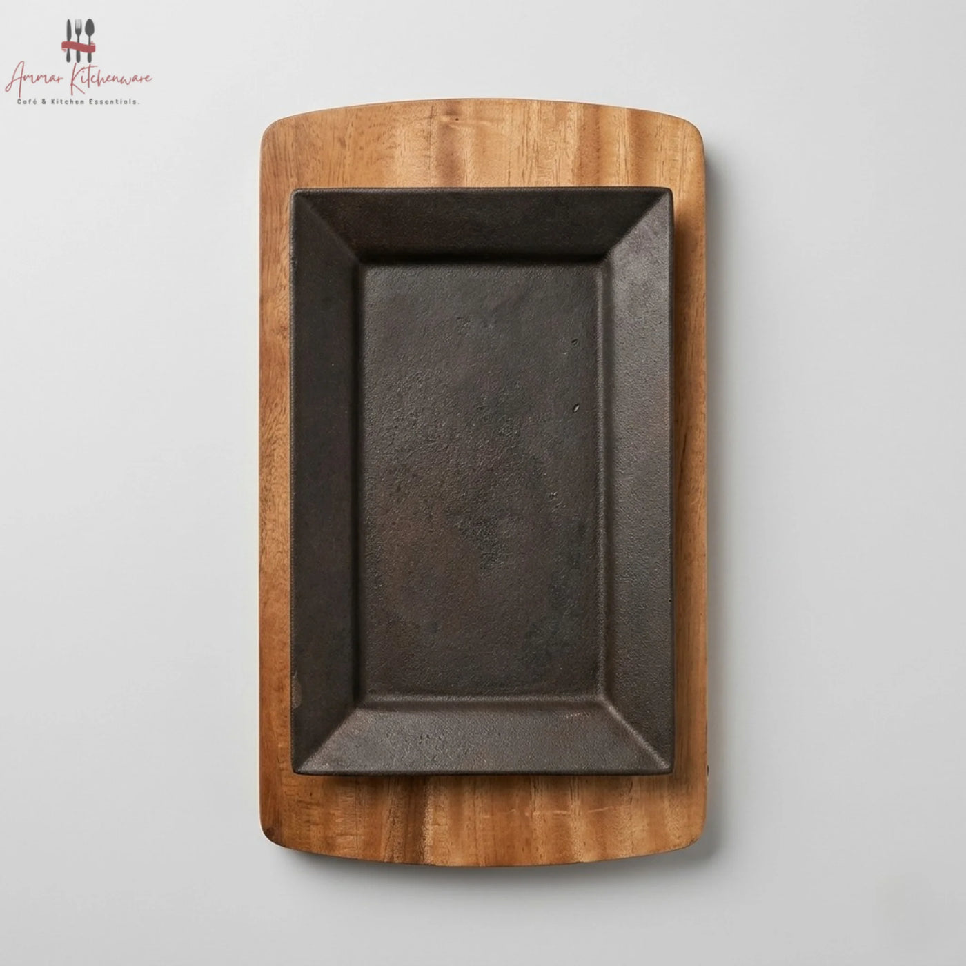 Rectangular Cast Iron Sizzler Pan with Wooden Base