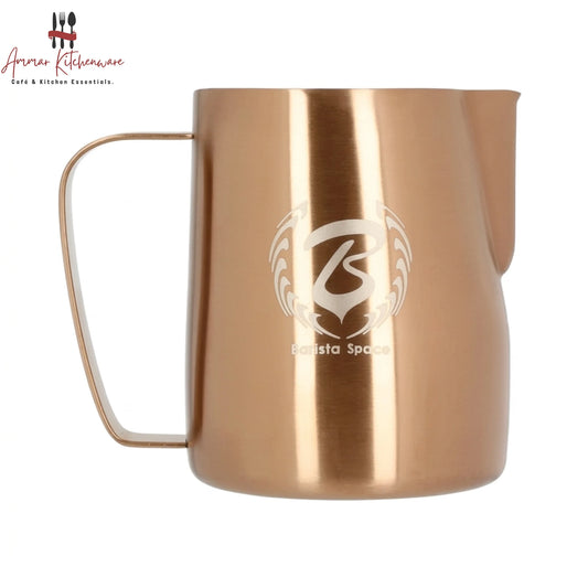 Barista Space rose golden milk frothing pitcher with precision spout available in 350ml and 600ml sizes for latte art