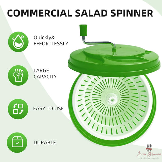 Commercial green salad spinner with metal hand crank arm and white inner colander basket
