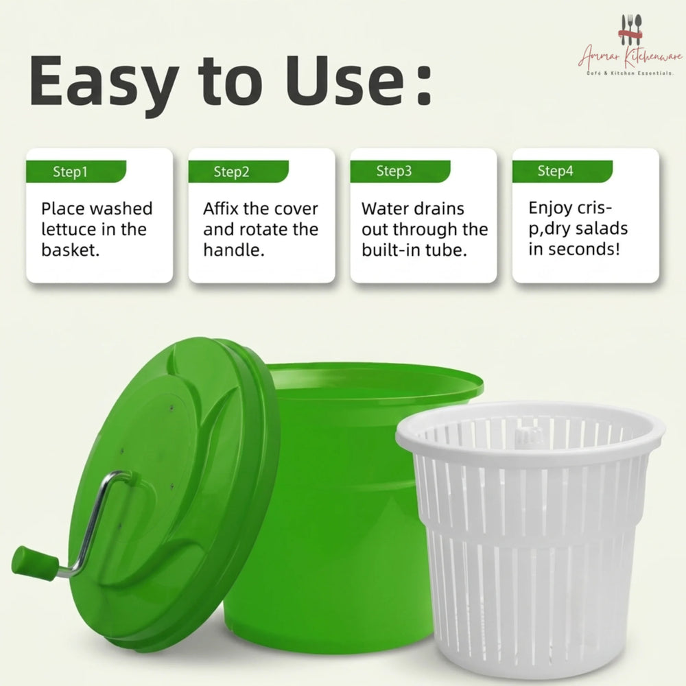 Commercial green salad spinner with metal hand crank arm and white inner colander basket