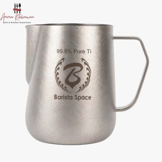Barista Space 600ml pure titanium milk frothing pitcher in silver with precision long-tip spout and hexagonal handle