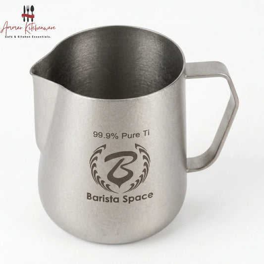 Barista Space 600ml pure titanium milk frothing pitcher in silver with precision long-tip spout and hexagonal handle