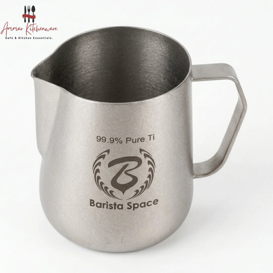 Barista Space 600ml pure titanium milk frothing pitcher in silver with precision long-tip spout and hexagonal handle
