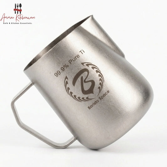 Barista Space 600ml pure titanium milk frothing pitcher in silver with precision long-tip spout and hexagonal handle