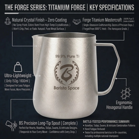 Barista Space 600ml pure titanium milk frothing pitcher in silver with precision long-tip spout and hexagonal handle