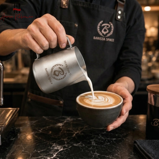 Barista Space 600ml pure titanium milk frothing pitcher in silver with precision long-tip spout and hexagonal handle