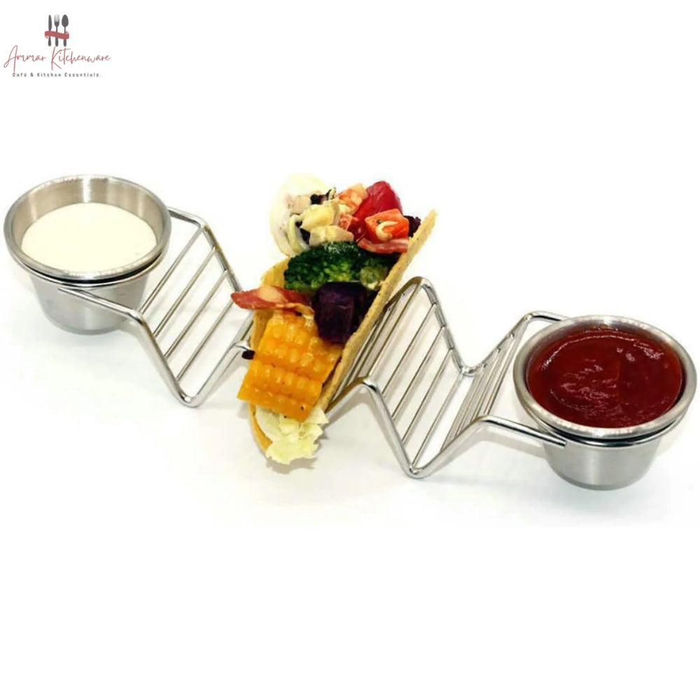 Stainless Steel Taco Stand With 2 Sauce Ramekins