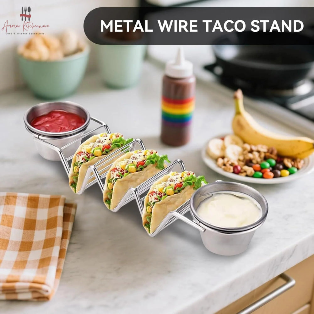 Stainless Steel Taco Stand With 2 Sauce Ramekins