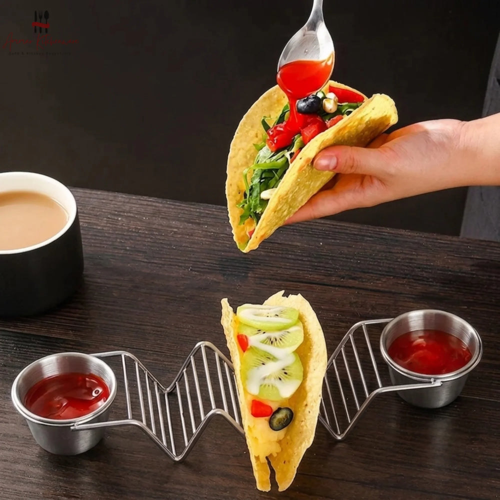 Stainless Steel Taco Stand With 2 Sauce Ramekins
