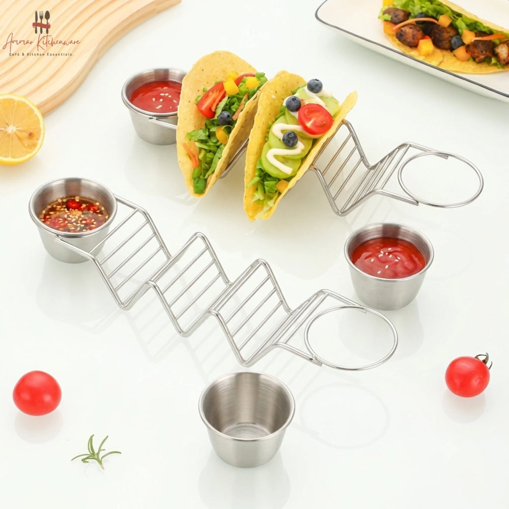 Stainless Steel Taco Stand With 2 Sauce Ramekins